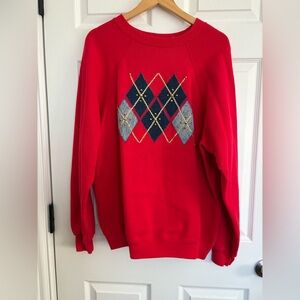 Vintage argyle red with denim and blue sweatshirt.  Handmade.  Gold accents.